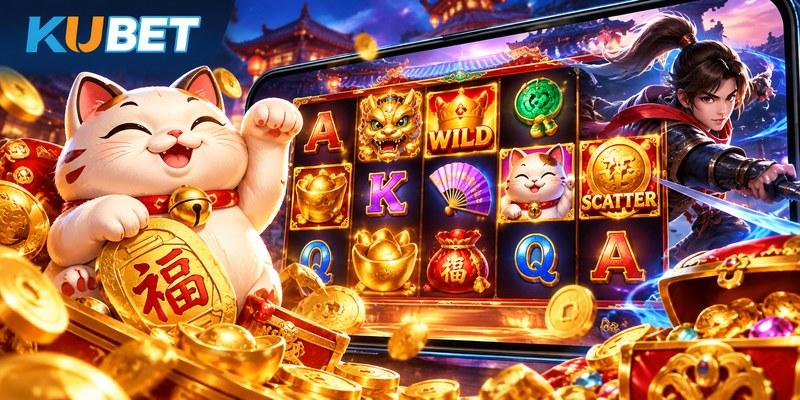 Giao diện Nổ hũ PG với biểu tượng sinh động, hiệu ứng chuyển động và nhiều tính năng thưởng đặc trưng.